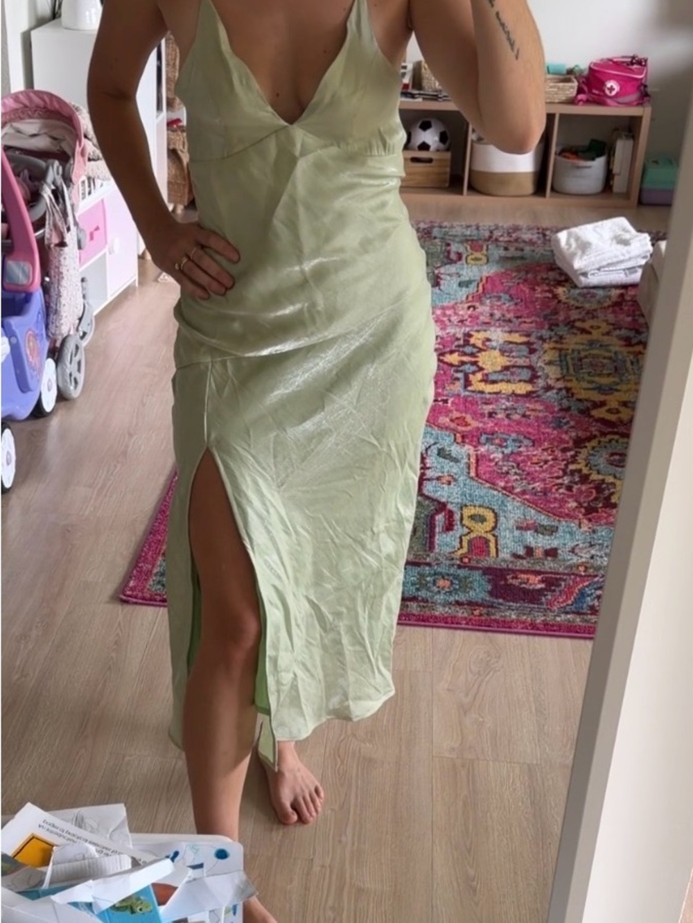 Peppermayo light green shimmery dress with slit and open back. Size S